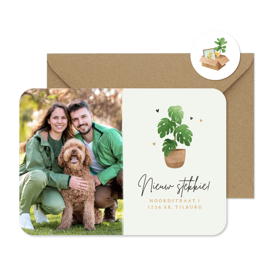 Verhuiskaart nieuw stekkie plantje hartjes foto verhuisdoos - Kaartimpressie