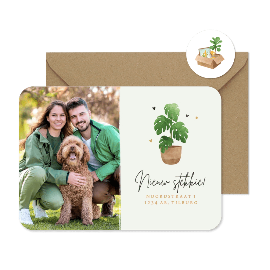 Verhuiskaart nieuw stekkie plantje hartjes foto verhuisdoos - Kaartimpressie