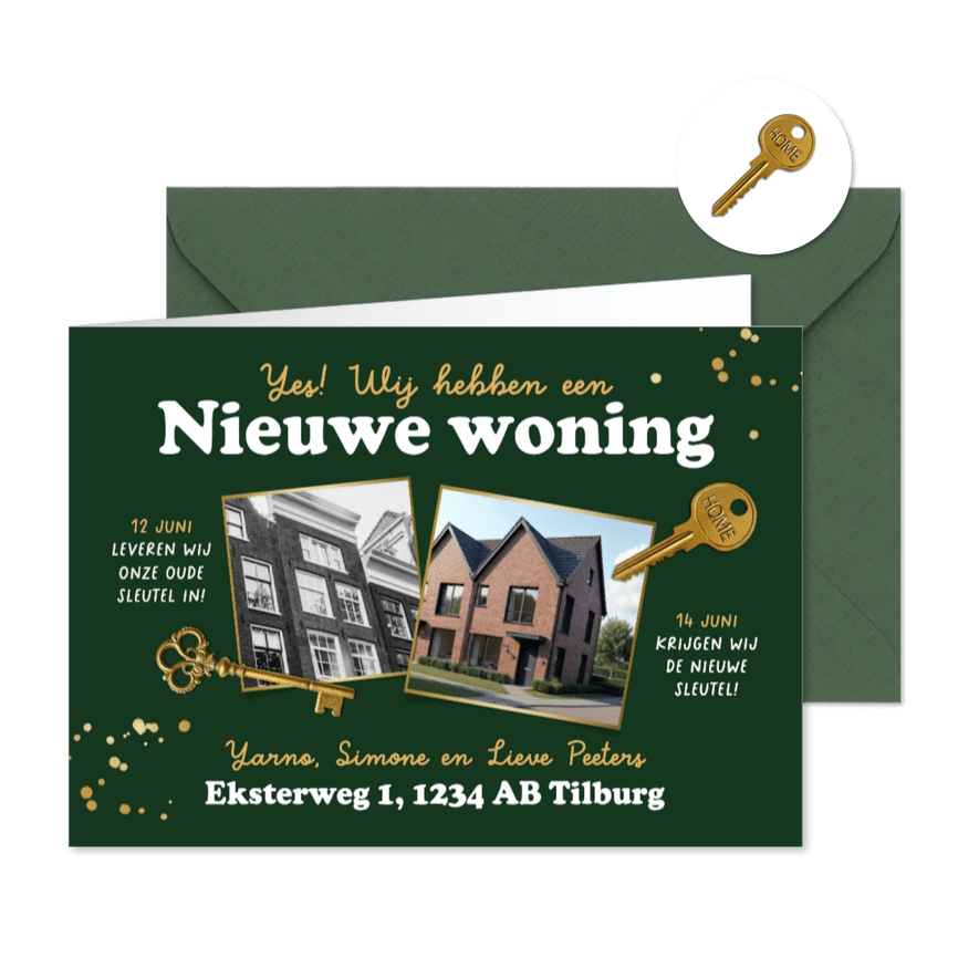 Verhuiskaart nieuwe woning oud nieuw sleutel foto's goud - Kaartimpressie
