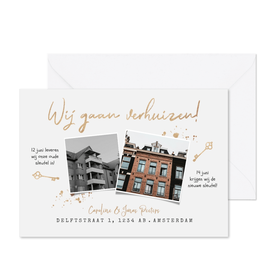 Verhuiskaart oude en nieuwe huis sleutel goud verhuizen - Kaartimpressie