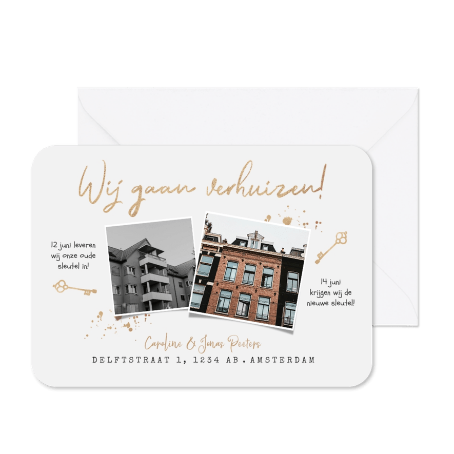 Verhuiskaart oude en nieuwe huis sleutel goud verhuizen - Kaartimpressie