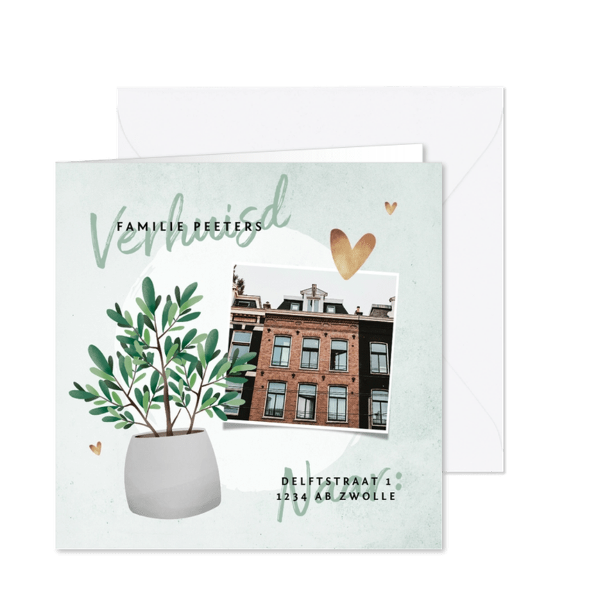 Verhuiskaart plant met foto en betonlook achtergrond - Kaartimpressie