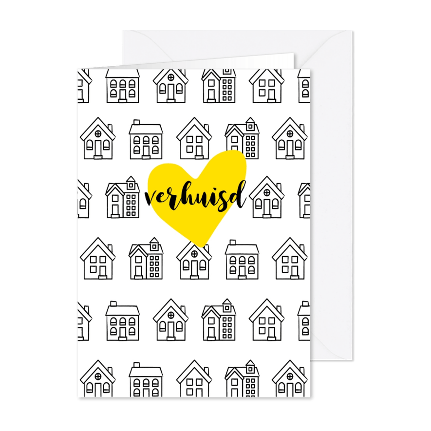  Verhuiskaart rechthoekig met getekende zwart-witte huisjes - Kaartimpressie