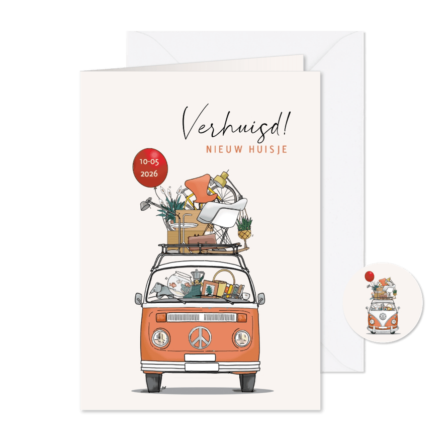 Verhuiskaart retrobus oranje met rode ballon - Kaartimpressie