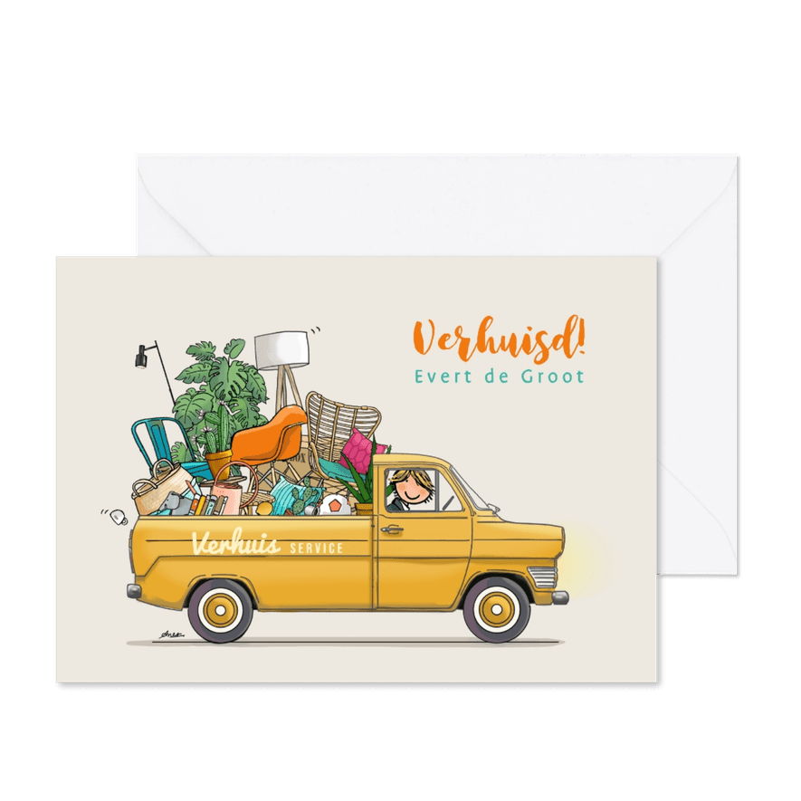 Verhuiskaart retrobus pick-up kleurrijk - Kaartimpressie