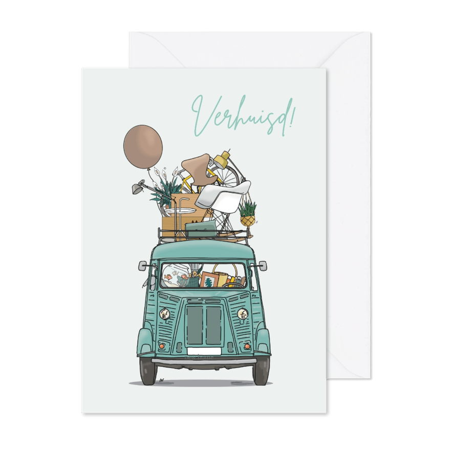 Verhuiskaart retrobusje groenblauw - Kaartimpressie