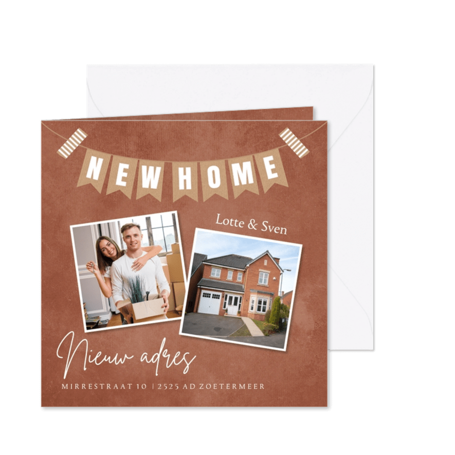 Verhuiskaart roestbruin foto slinger "new home" - Kaartimpressie