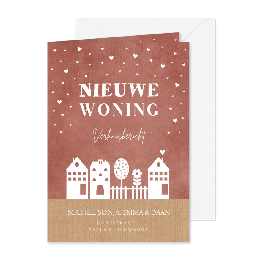 Verhuiskaart roestbruin huisjes & hartjes - Kaartimpressie