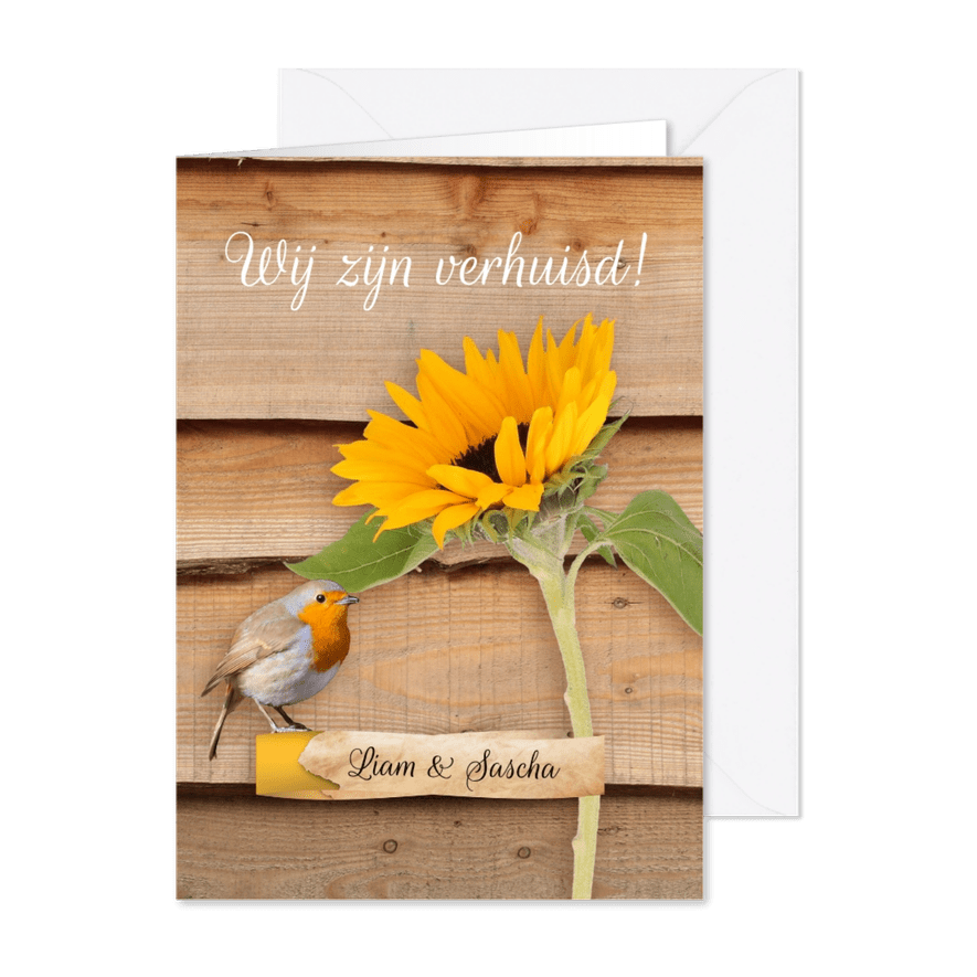Verhuiskaart roodborstje en zonnebloem - Kaartimpressie
