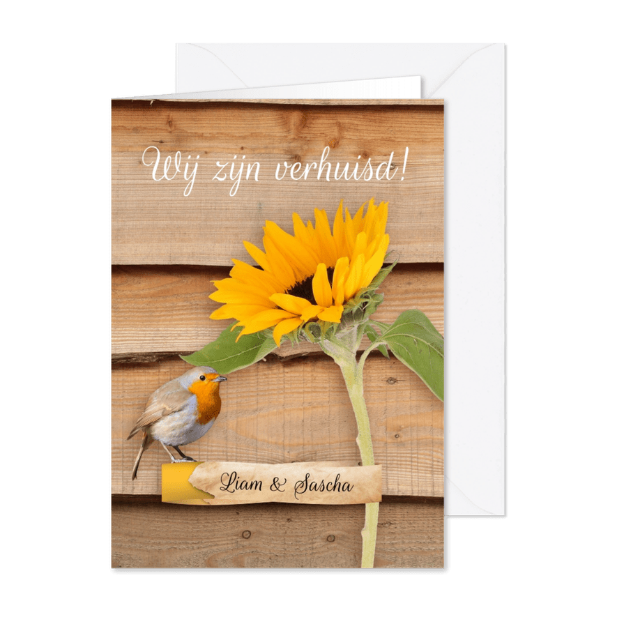Verhuiskaart roodborstje en zonnebloem - Kaartimpressie