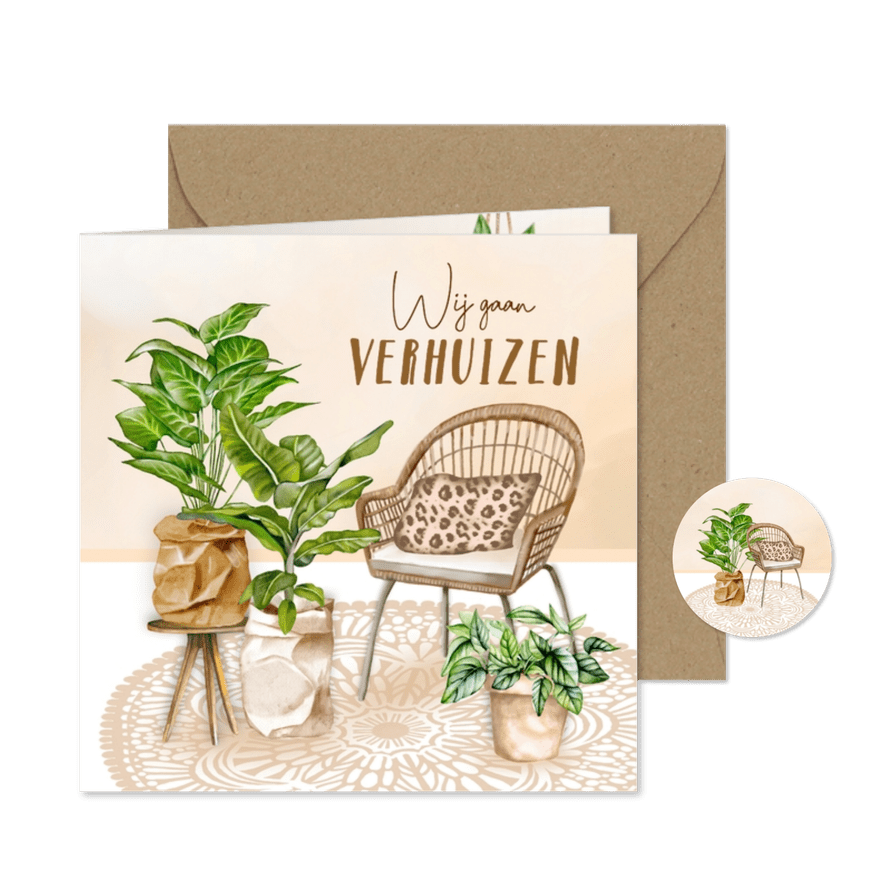 Verhuiskaart rotan stoel met planten - Kaartimpressie