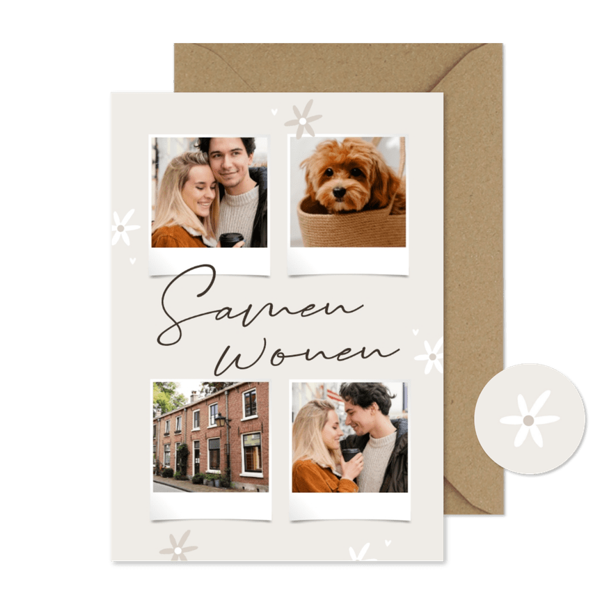 Verhuiskaart samenwonen fotocollage beige bloemetjes - Kaartimpressie
