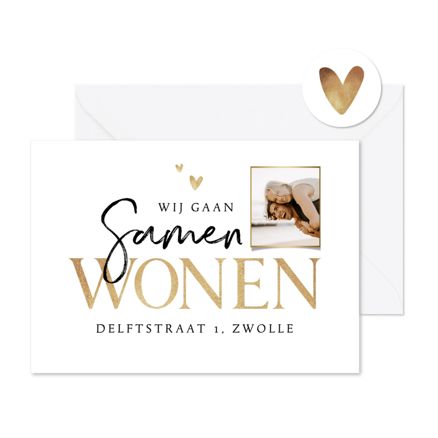 Verhuiskaart samenwonen goud stijlvol foto hartjes - Kaartimpressie