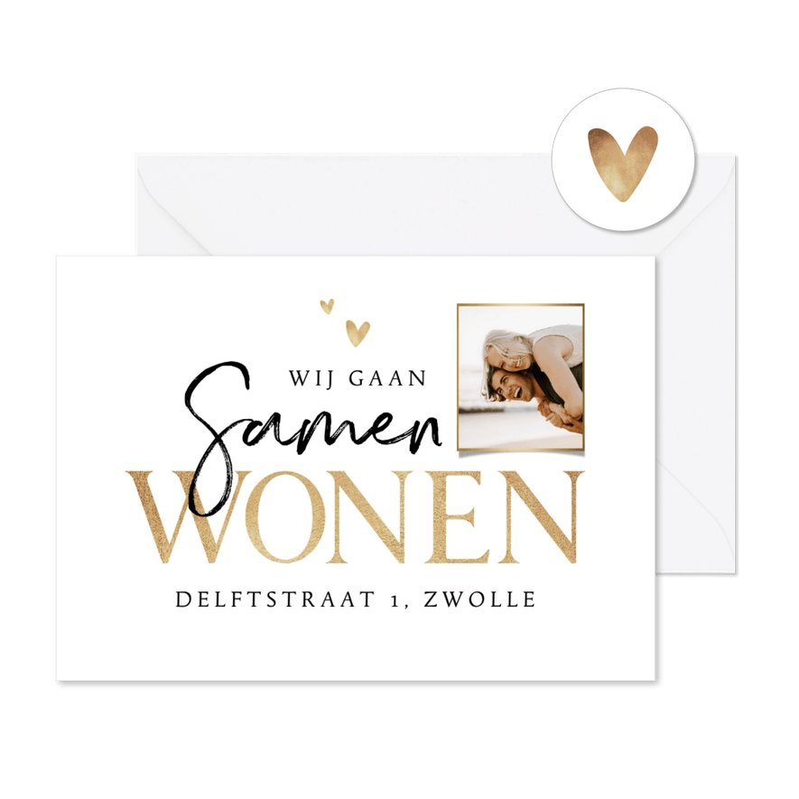 Verhuiskaart samenwonen goud stijlvol foto hartjes - Kaartimpressie