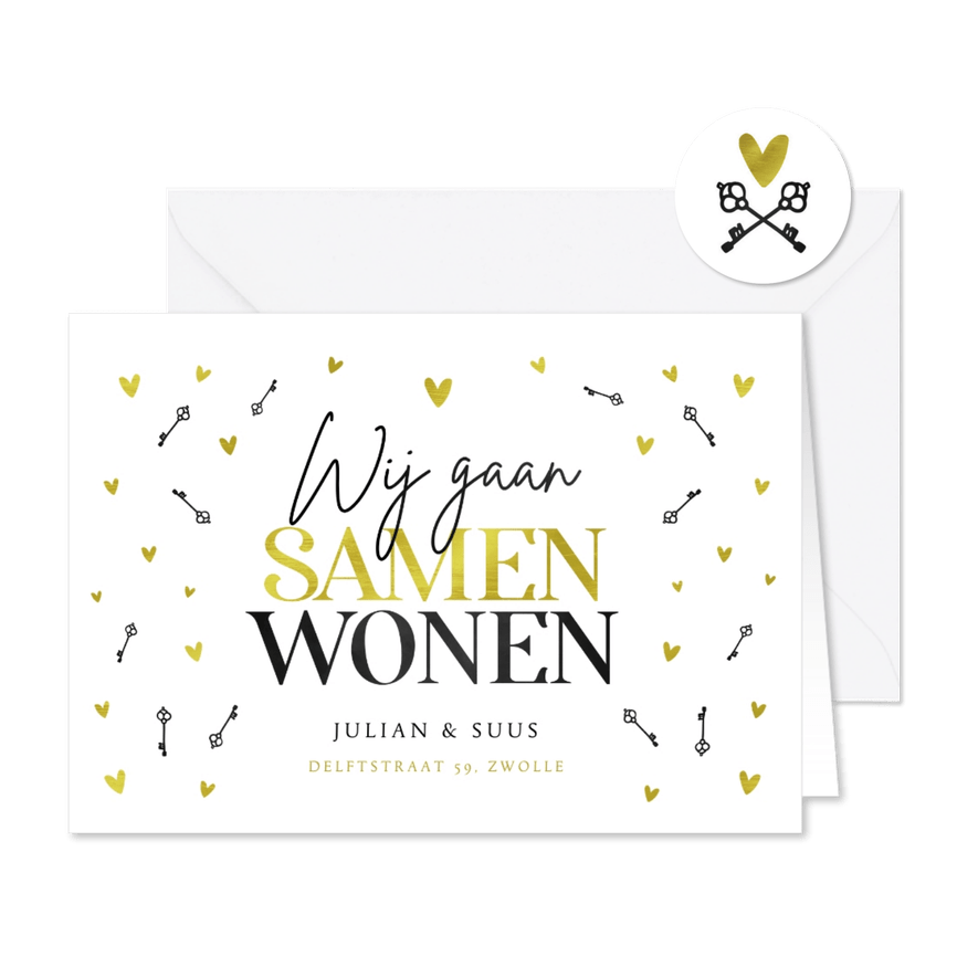 Verhuiskaart samenwonen goud stijlvol hartjes en sleutels - Kaartimpressie