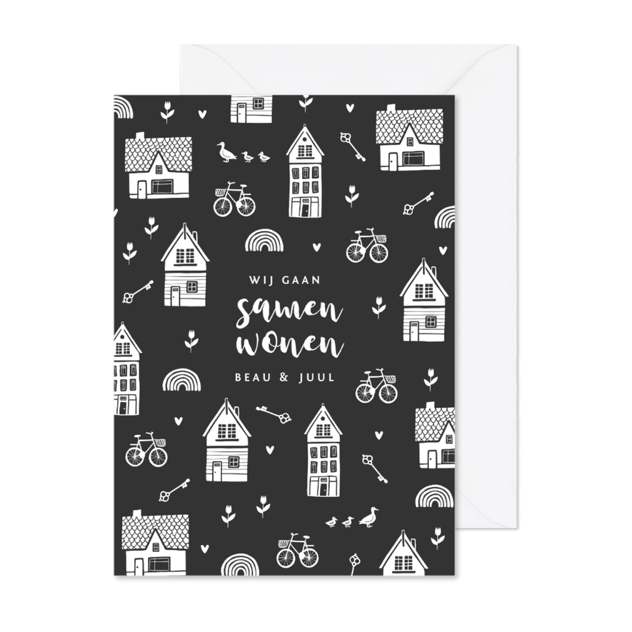 Verhuiskaart samenwonen huisjes sleutels tulpen fiets hartje - Kaartimpressie