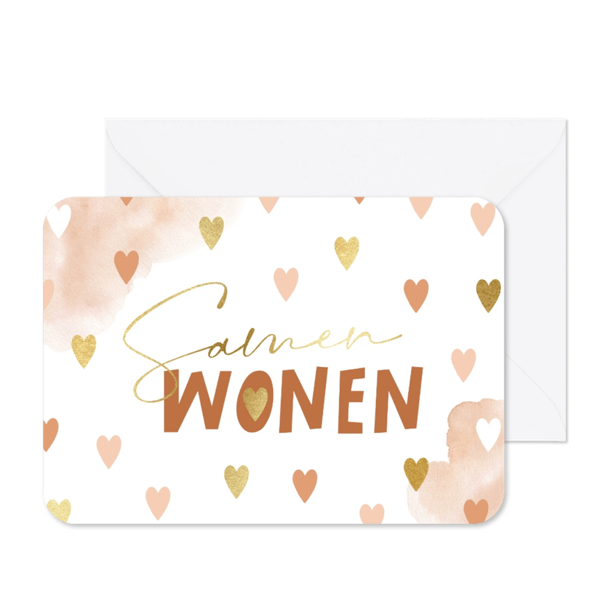 Verhuiskaart samenwonen met hartjes en watercolour - Kaartimpressie