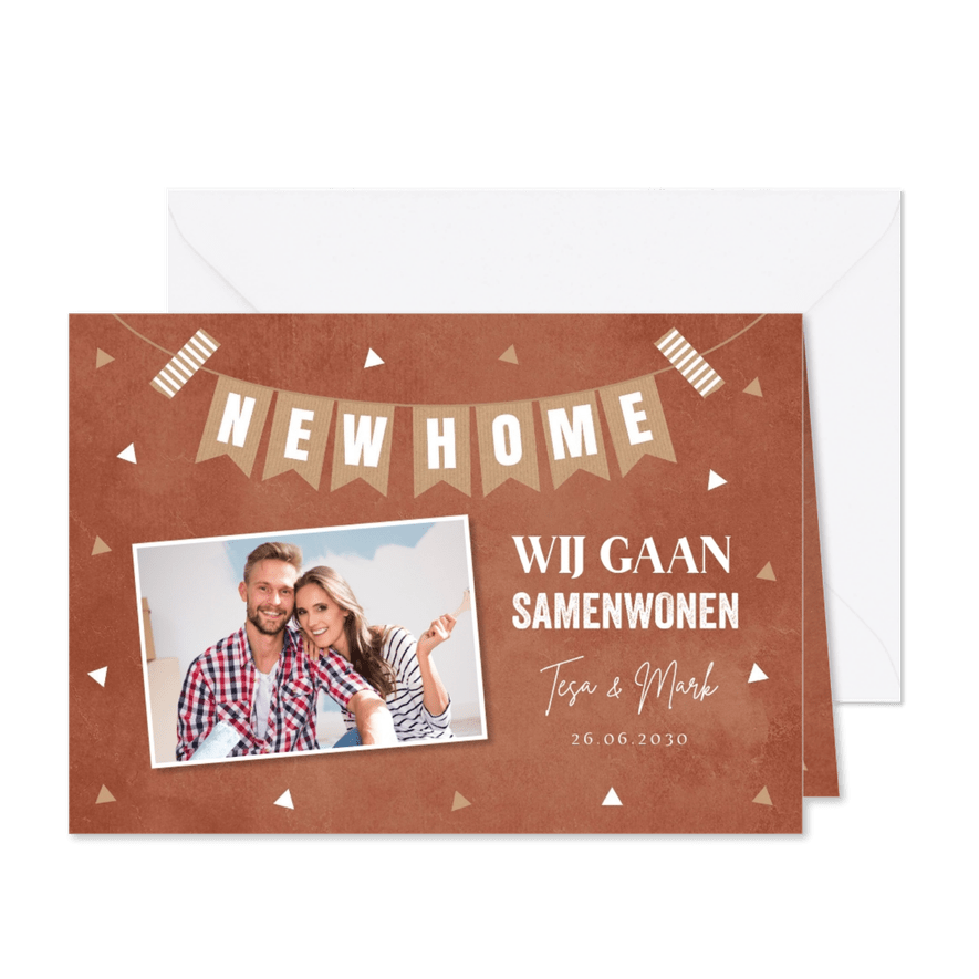 Verhuiskaart samenwonen roestbruin foto slinger - Kaartimpressie