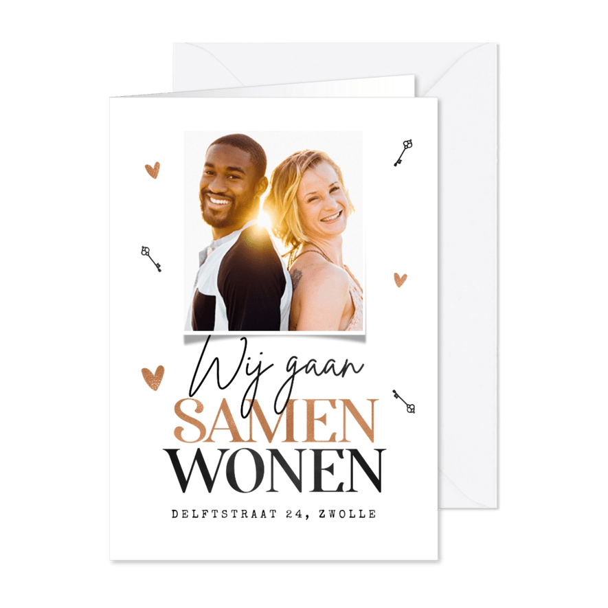 Verhuiskaart samenwonen roségoud stijlvol hartjes - Kaartimpressie