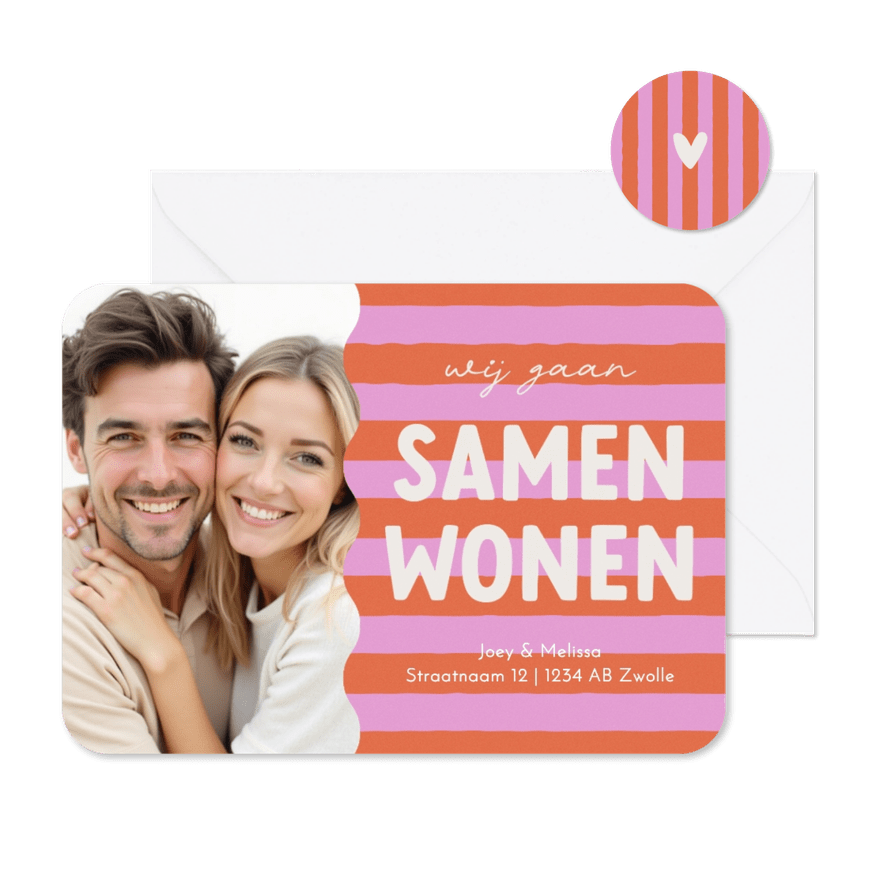 Verhuiskaart samenwonen roze oranje strepen met grote foto - Kaartimpressie