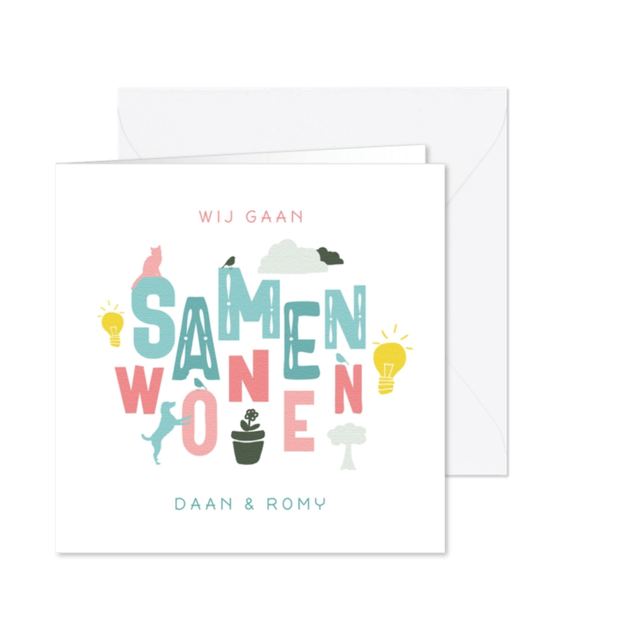 Verhuiskaart samenwonen typografisch en iconen - Kaartimpressie