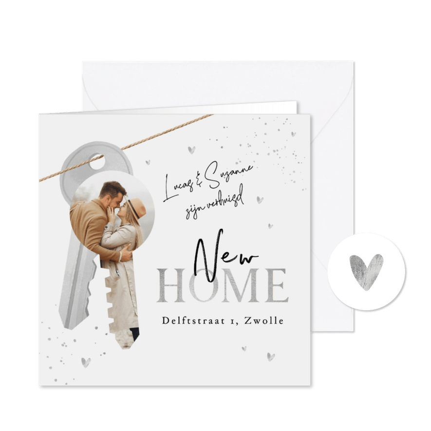 Verhuiskaart sleutel hartjes foto stijlvol zilver - Kaartimpressie