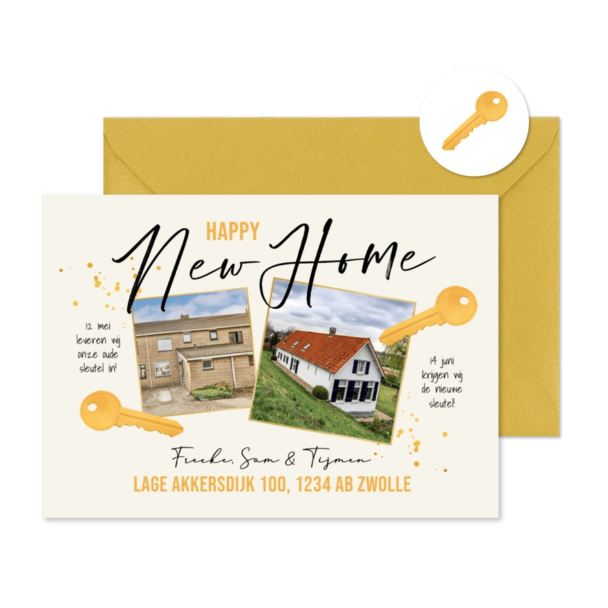 Verhuiskaart sleutel oude en nieuwe huis verhuizen spetters - Kaartimpressie