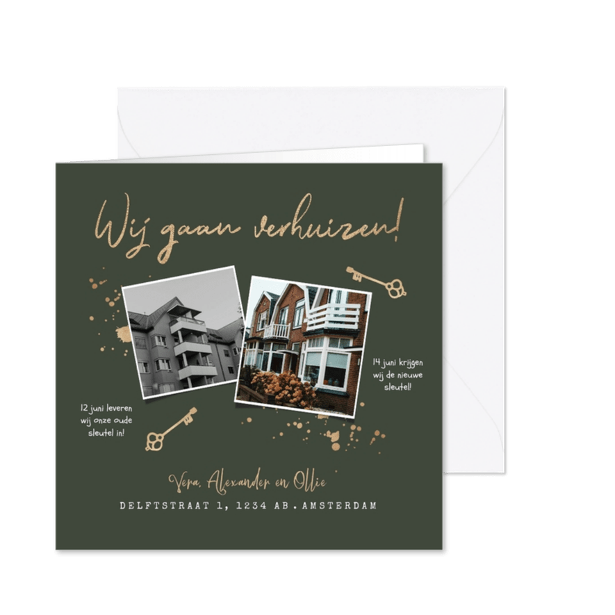 Verhuiskaart sleutels goud nieuwe woning oude woning - Kaartimpressie