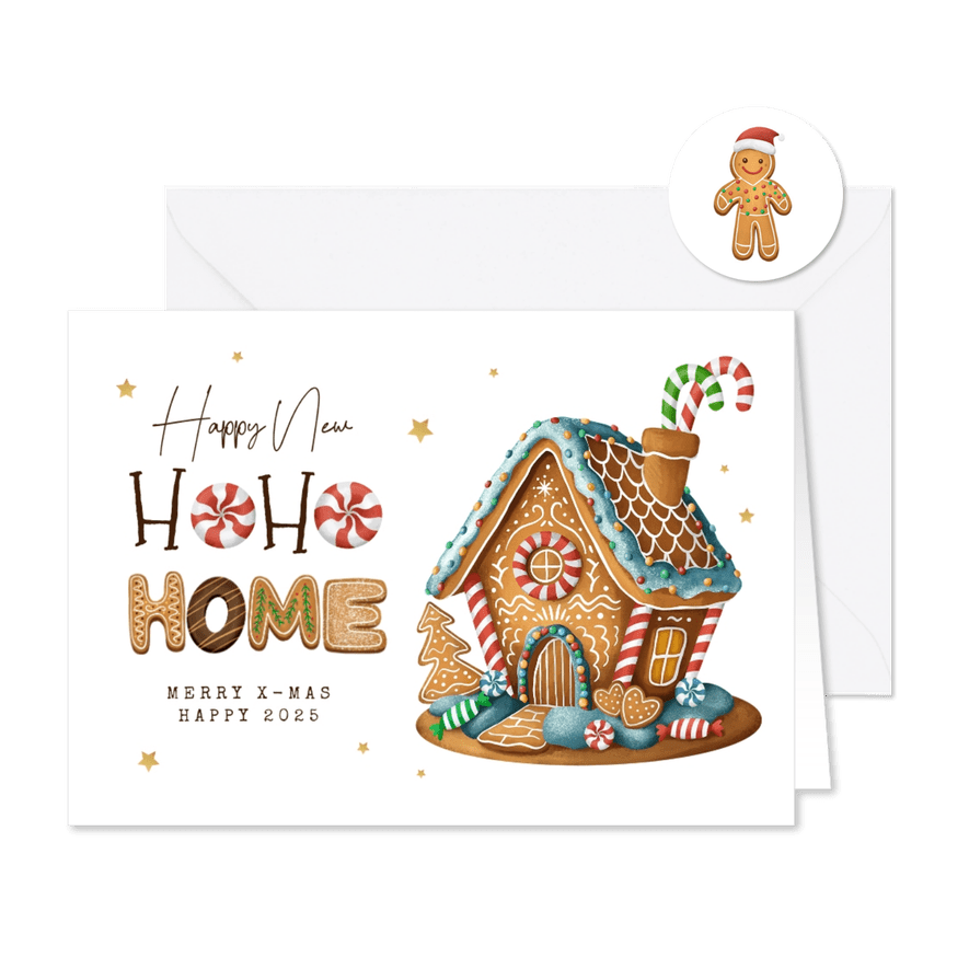 Verhuiskaart snoep gingerbread huisje koekjes ho ho ho - Kaartimpressie