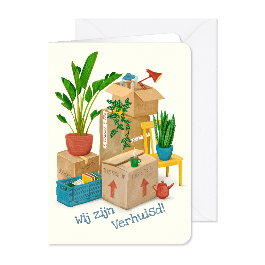 Verhuiskaart stapel met dozen en spullen - Kaartimpressie