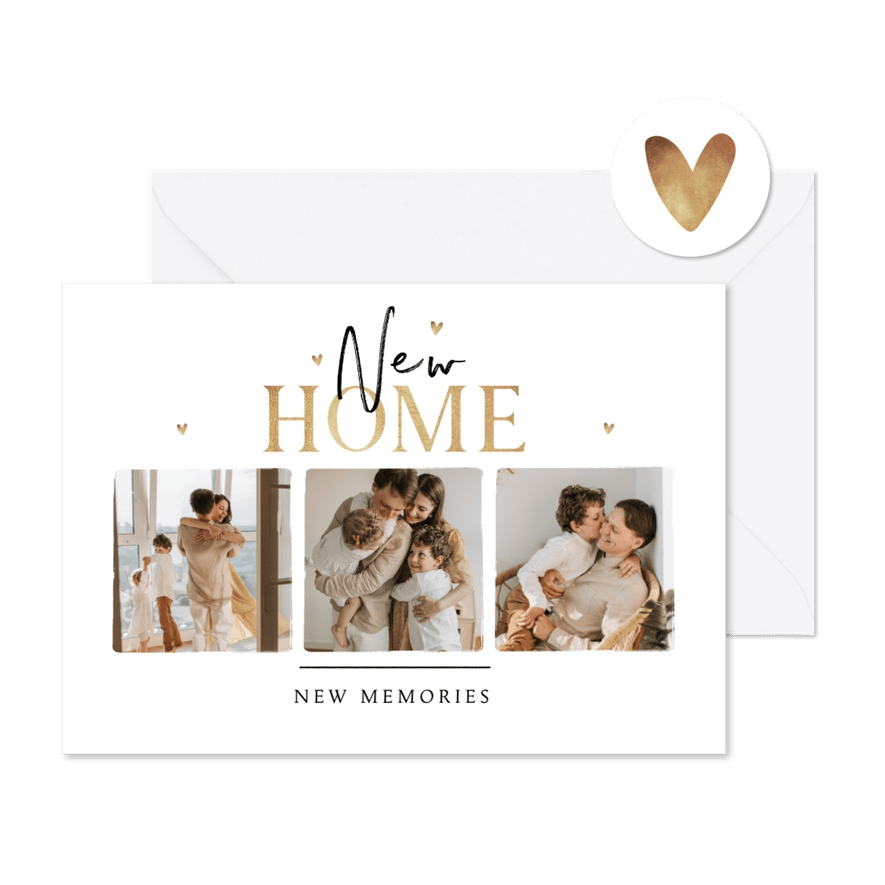 Verhuiskaart stijlvol fotocollage hartjes memories new home - Kaartimpressie