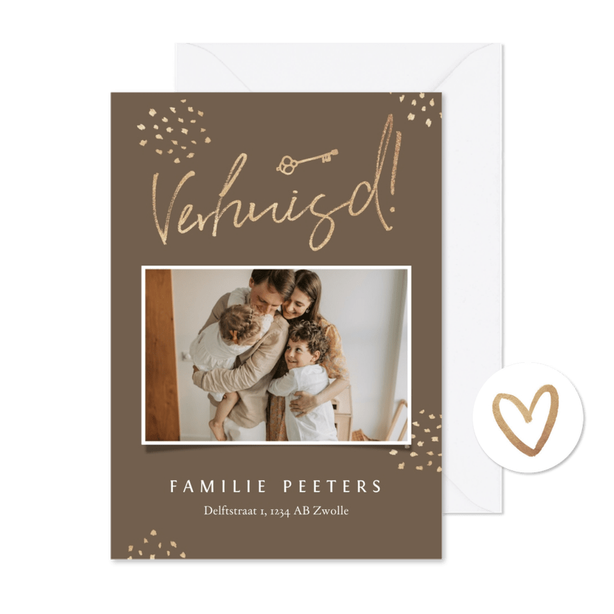 Verhuiskaart stijlvol goud verhuisd foto sleutel hartje - Kaartimpressie