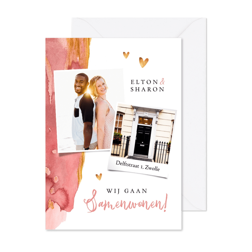 Verhuiskaart stijlvol roze verf goud hartjes foto's - Kaartimpressie