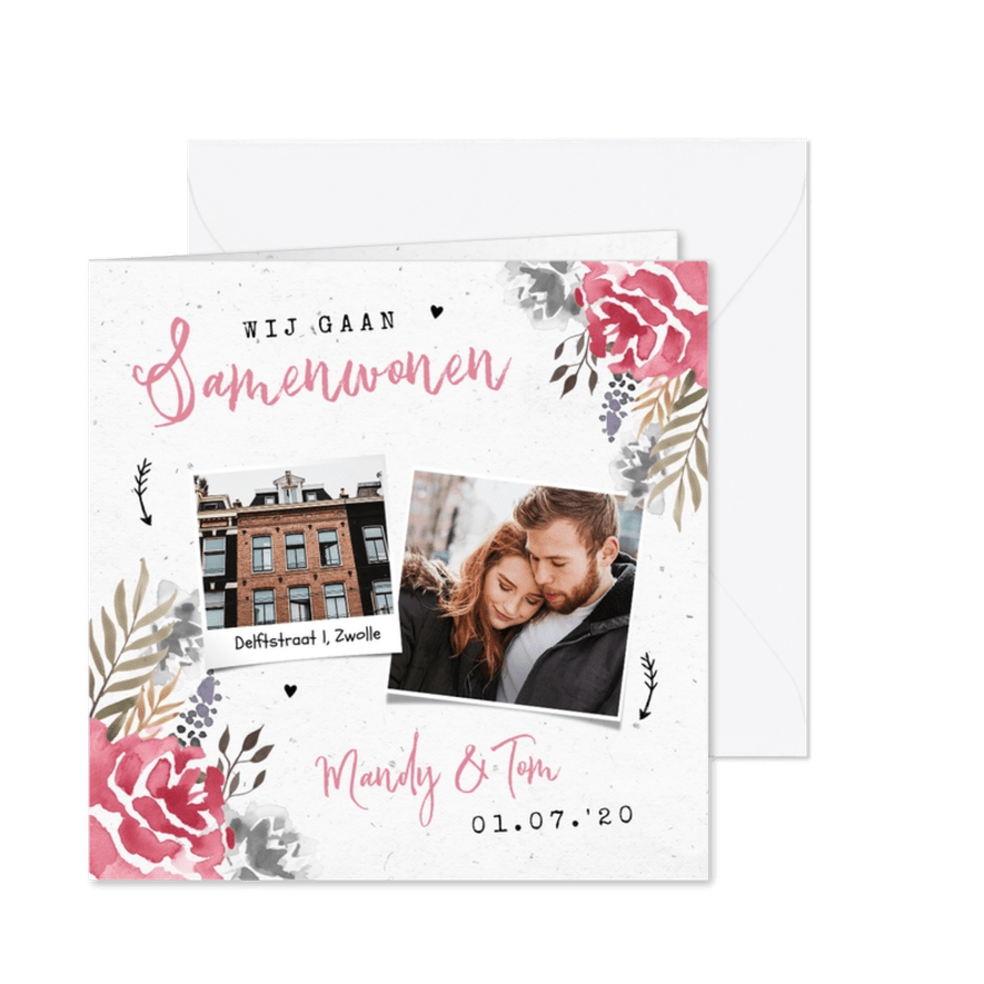 Verhuiskaart stijlvol samenwonen bloemen roze foto - Kaartimpressie