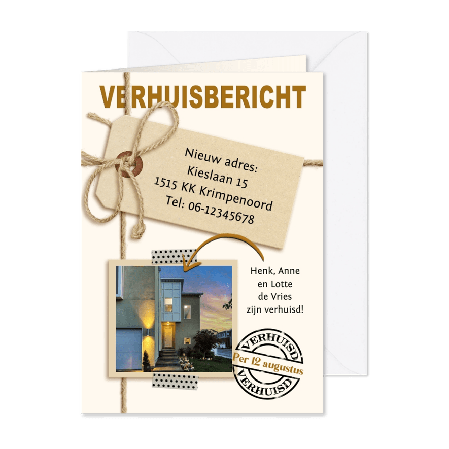 Verhuiskaart touw en label met foto van het nieuwe huis - Kaartimpressie