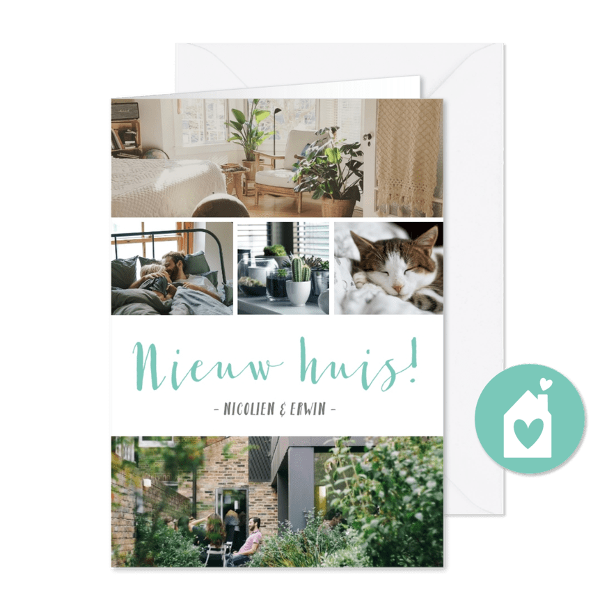 Verhuiskaart trendy fotocollage met 5 eigen foto's en tekst - Kaartimpressie