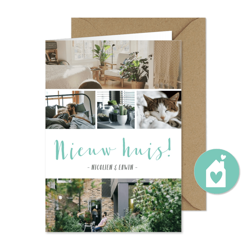 Verhuiskaart trendy fotocollage met 5 eigen foto's en tekst - Kaartimpressie