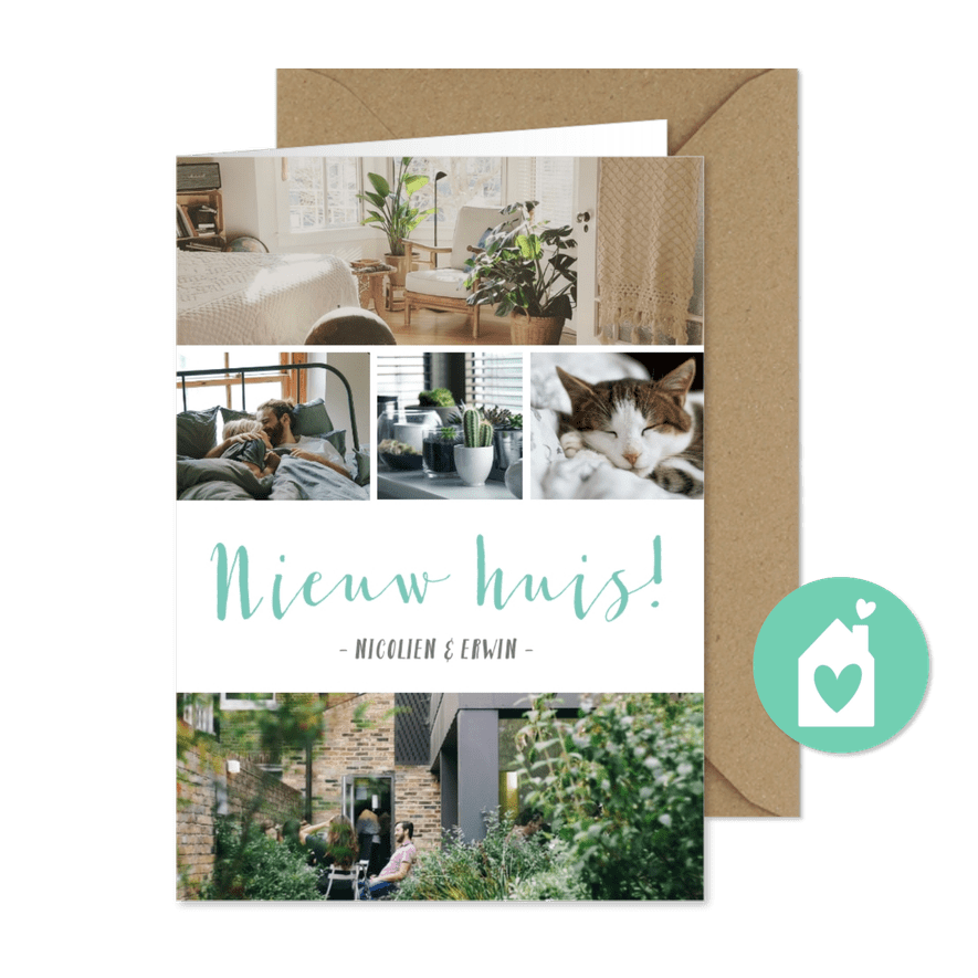 Verhuiskaart trendy fotocollage met 5 eigen foto's en tekst - Kaartimpressie