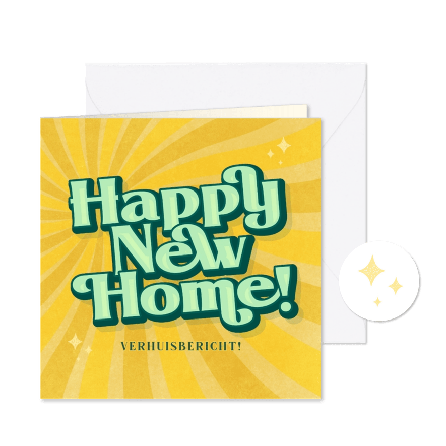 Verhuiskaart trendy vintage typografie 70s sunburst - Kaartimpressie