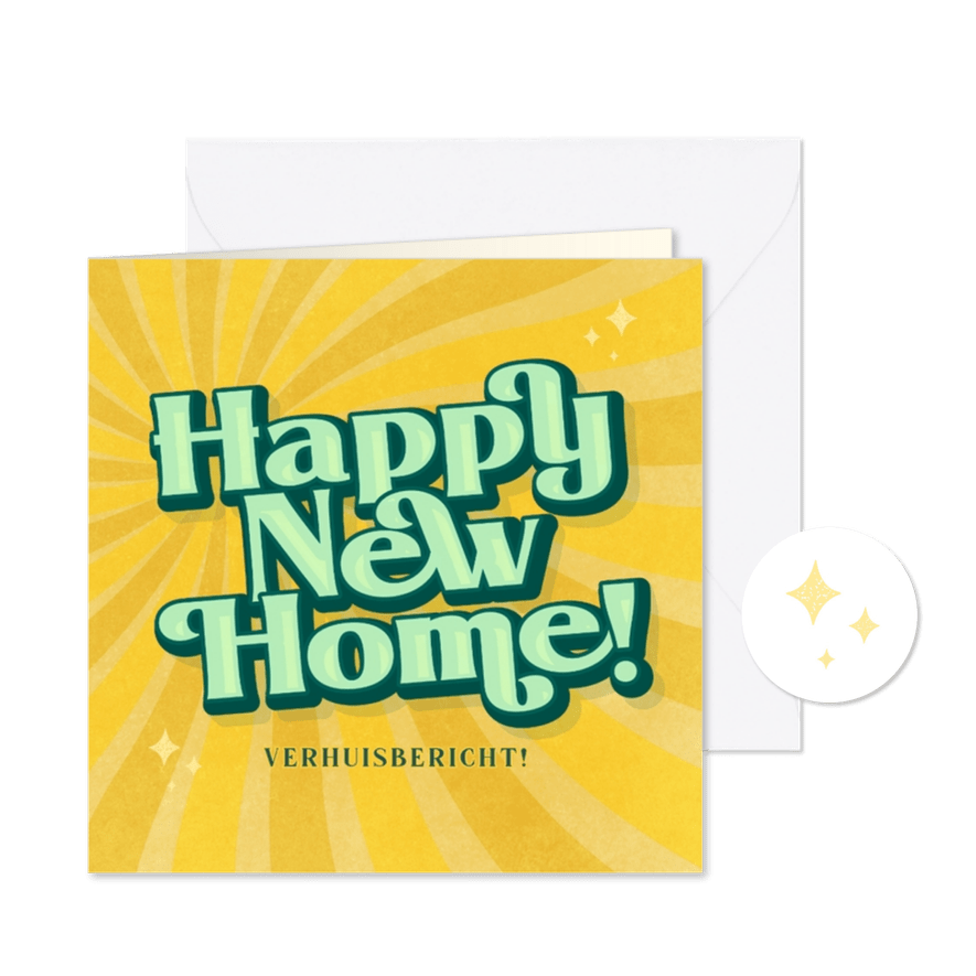Verhuiskaart trendy vintage typografie 70s sunburst - Kaartimpressie