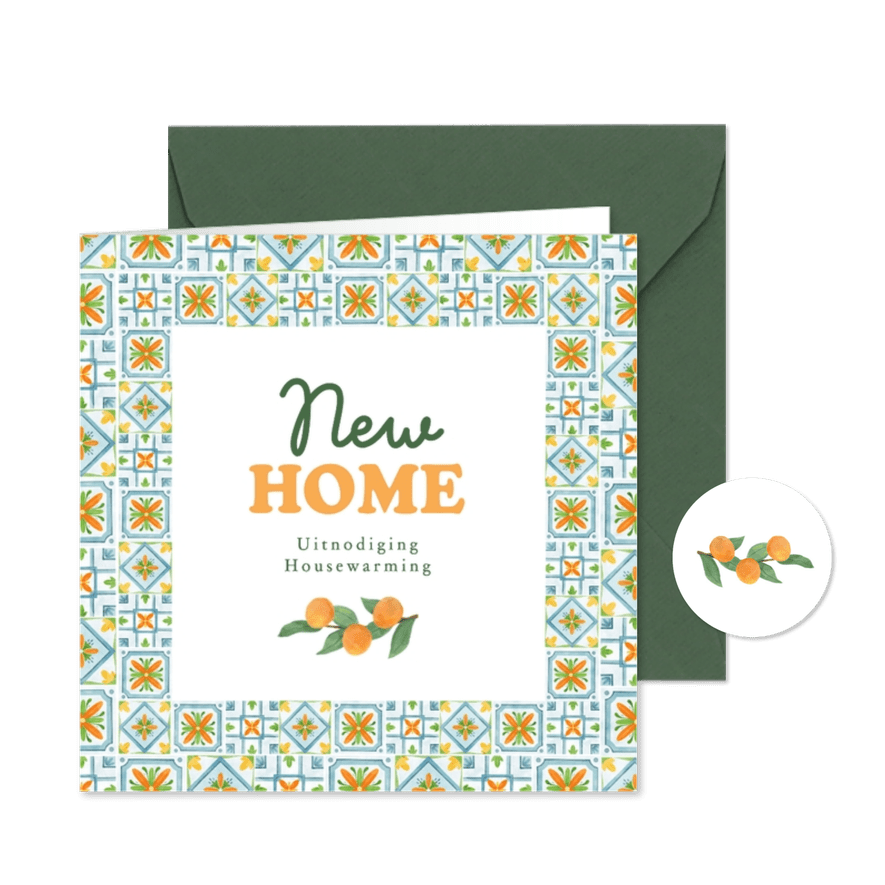 Verhuiskaart uitnodiging housewarming mediterrane tegeltjes - Kaartimpressie