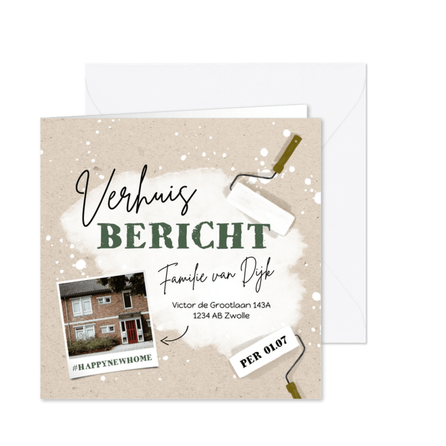 Verhuiskaart verhuisbericht met verfroller en spetters - Kaartimpressie