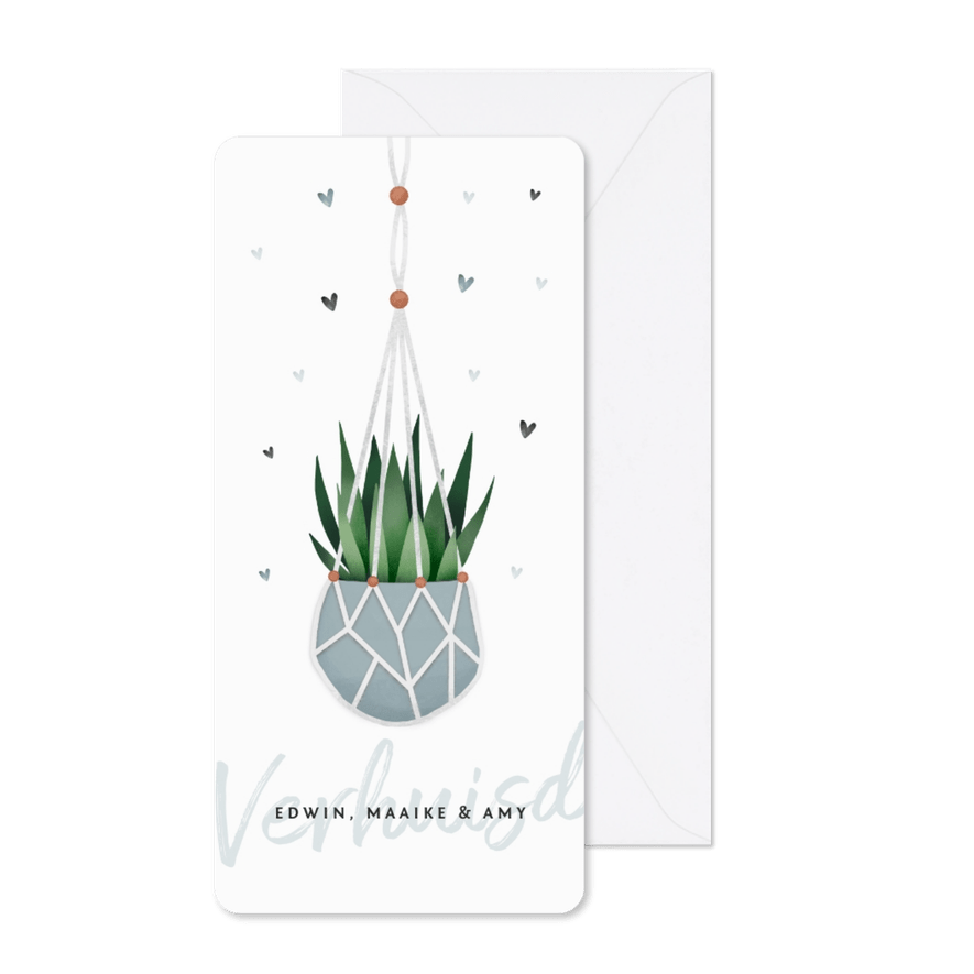 Verhuiskaart verhuisd macrame plant en hartjes - Kaartimpressie