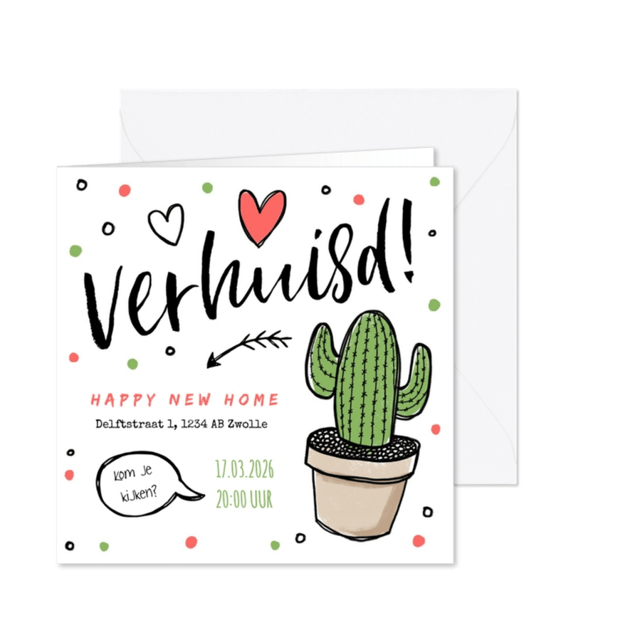 Verhuiskaart verhuisd tekening cactus hartjes confetti - Kaartimpressie