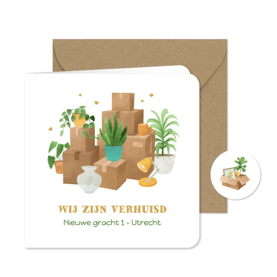 Verhuiskaart verhuisdozen planten nieuw stekkie hartjes - Kaartimpressie