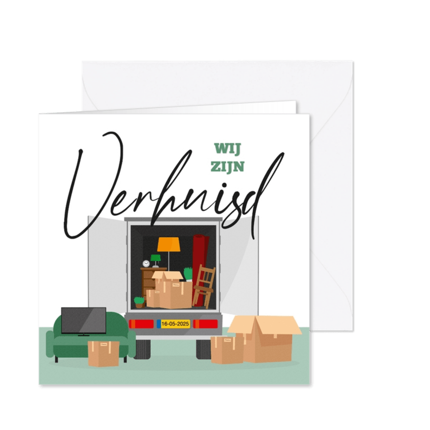 Verhuiskaart verhuiswagen verhuisd dozen spullen illustratie - Kaartimpressie