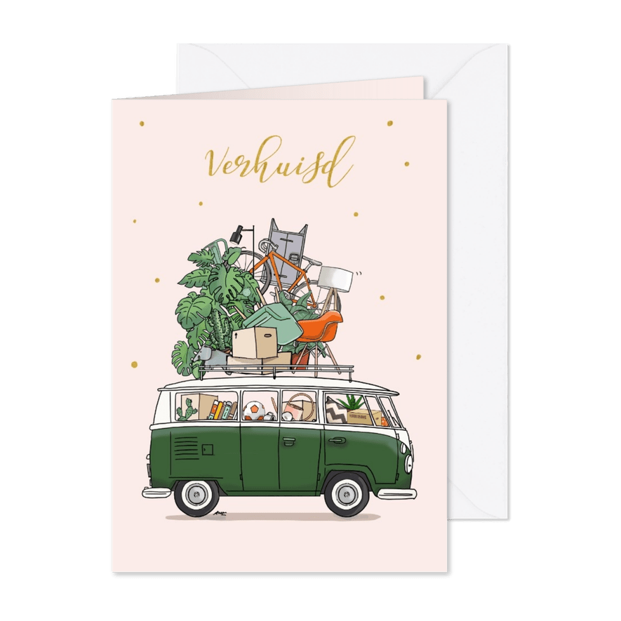 Verhuiskaart Volkswagenbusje groen - Kaartimpressie