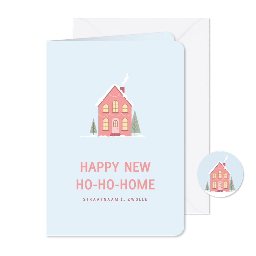 Verhuiskaart voor de kerstperiode met roze huisje - Kaartimpressie