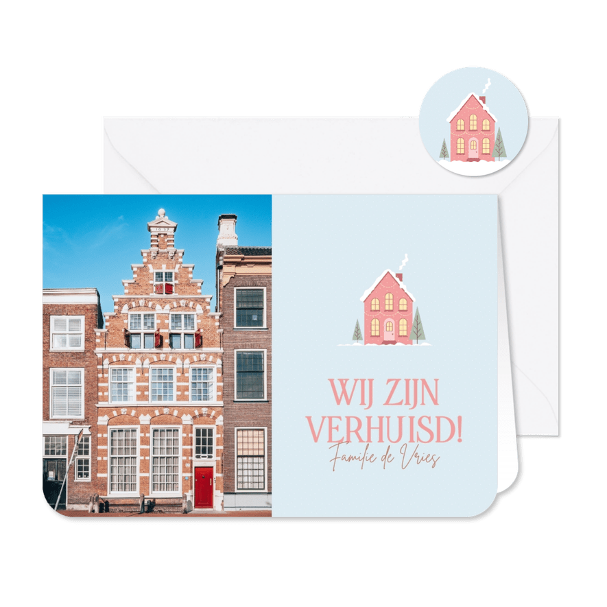 Verhuiskaart voor de winter of kerst met roze huisje en foto - Kaartimpressie