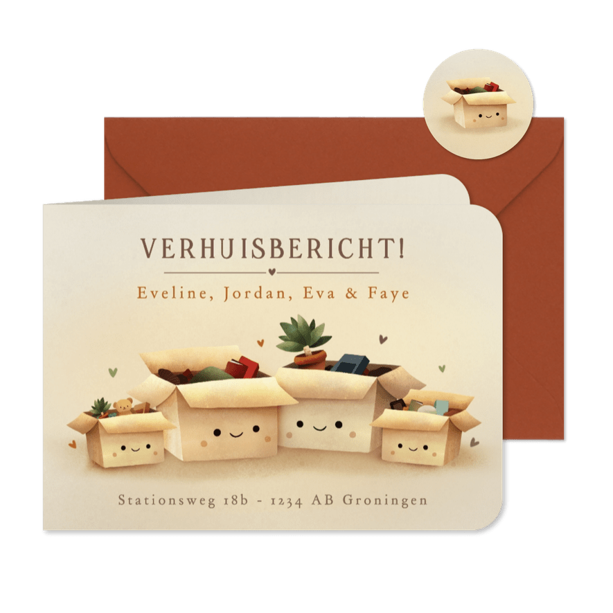 Verhuiskaart voor gezin met 4 verhuisdozen met gezichtjes - Kaartimpressie